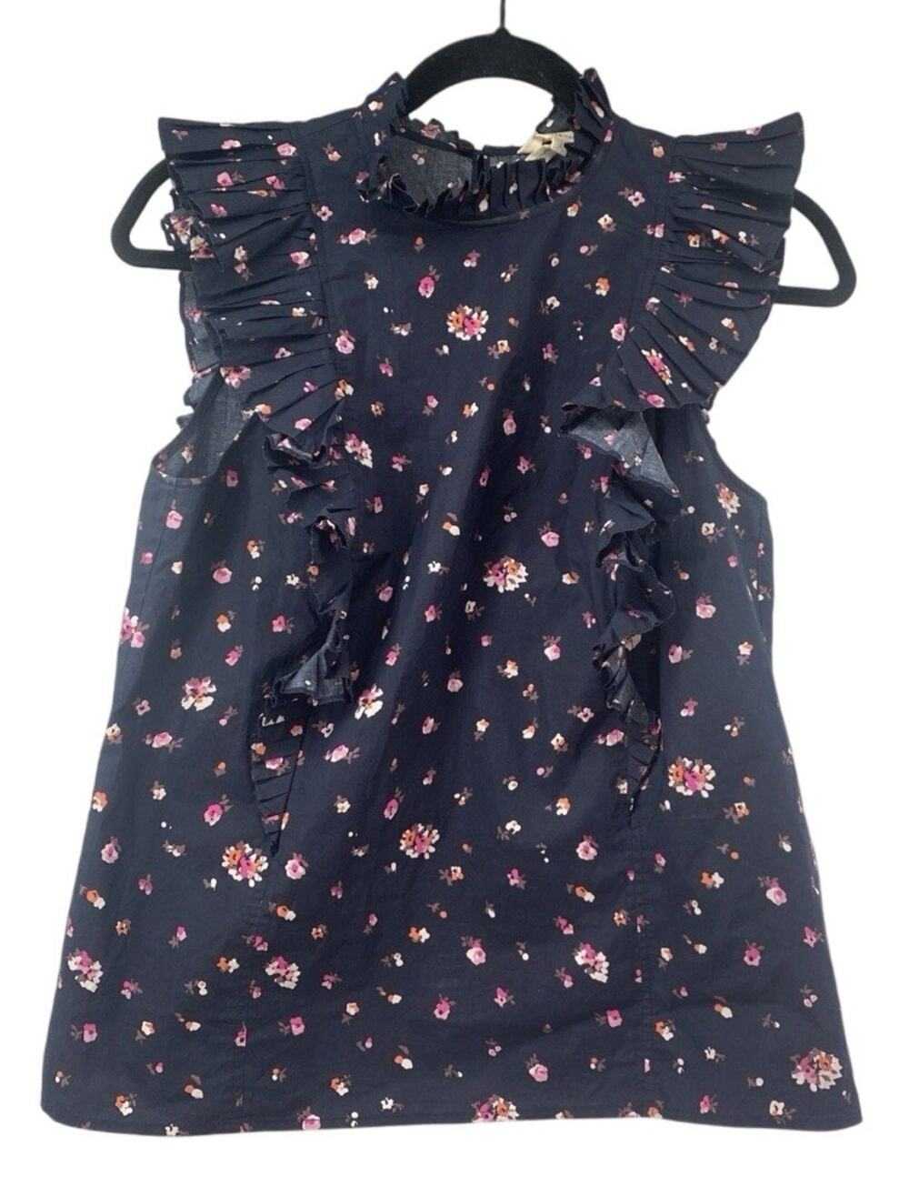 Rebecca Taylor MIA La Vie Meadow Floral Ruffle Navy Sleeveless top Blouse Sz 2